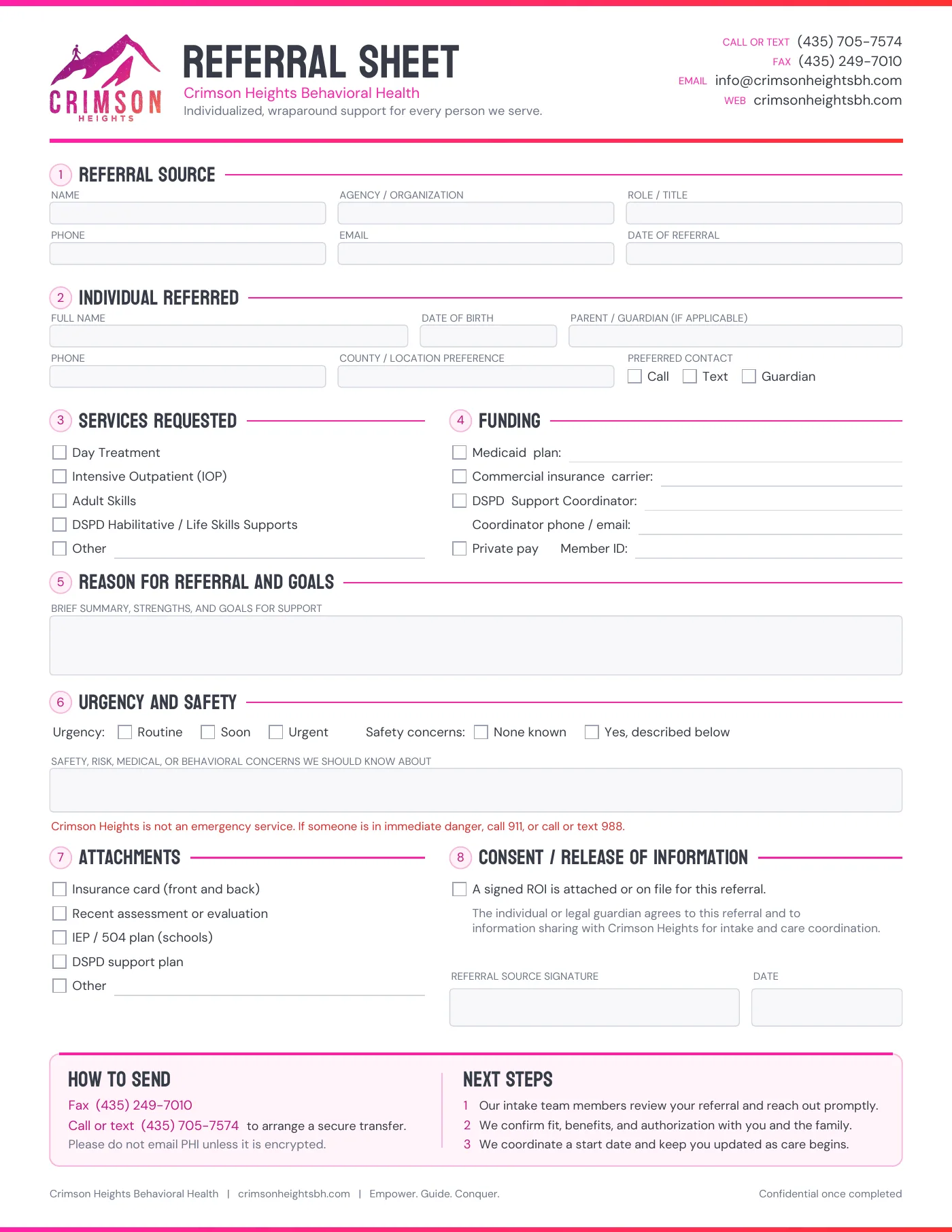 Crimson Heights Behavioral Health referral sheet. It has sections for the referral source, the individual referred, services requested, funding, reason for referral and goals, urgency and safety, attachments, and consent and release of information. Fax the completed sheet to (435) 249-7010, or call or text (435) 705-7574 to arrange a secure transfer.