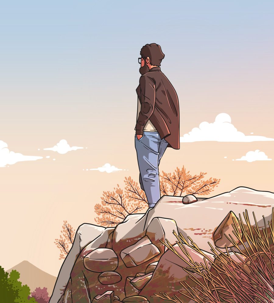 A solitary figure stands atop a mountain peak, enveloped by the vastness of nature, embodying the essence of loneliness in the serene wilderness.