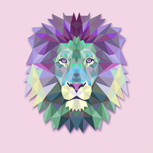 A colorful, geometric representation of a lion’s head against a soft pink background, showcasing a modern artistic interpretation of wildlife imagery.
